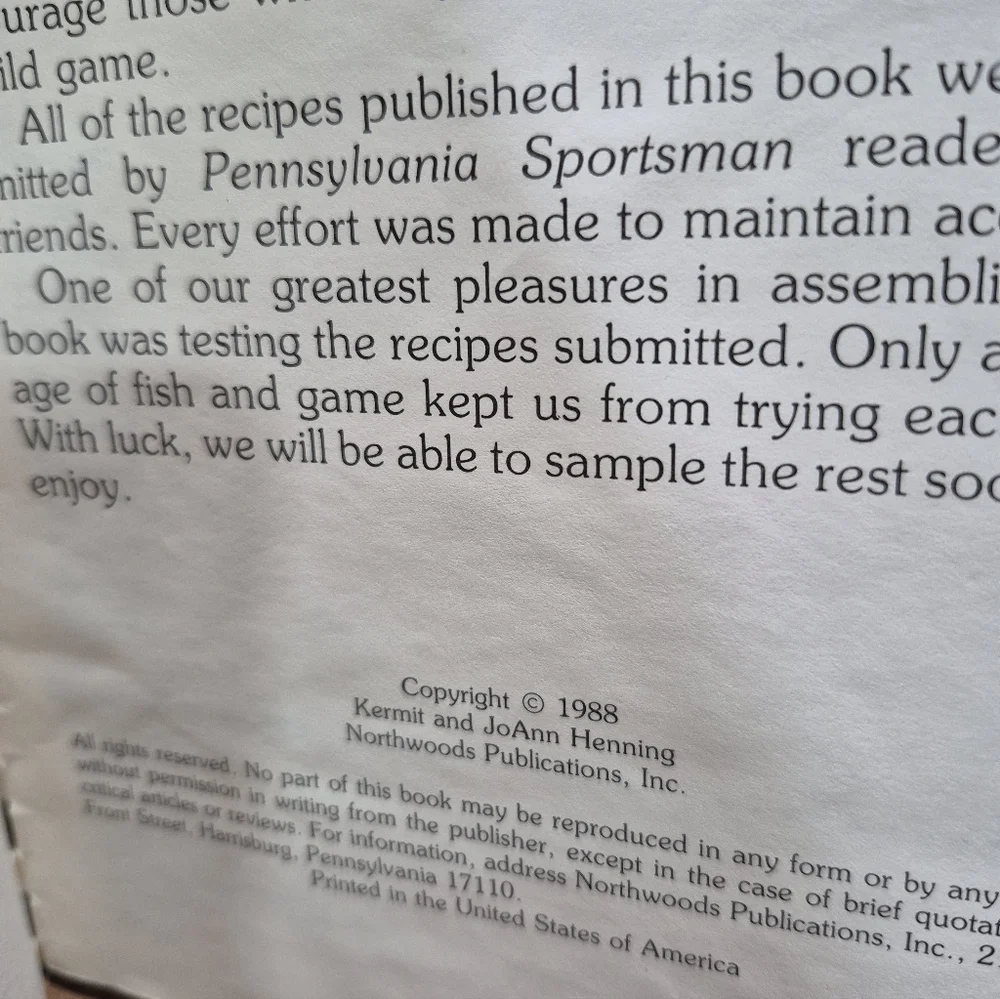 Vintage Pennsylvania Sportsman Fish & Game Cookbook